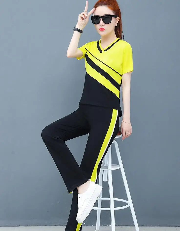 Rlyaeiz Korean 2019 Summer Fashion 2 Piece Set Women Tracksuit Casual Striped Color Patchwork T shirt + Pants Sporting Wear 4XL | Женская