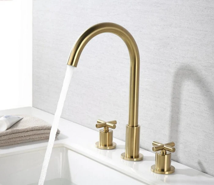 

Solid Brass brushed gold Finished 3 Pcs Faucet Set 2 Handles Sink Basin Faucet, Basin Mixer BF678