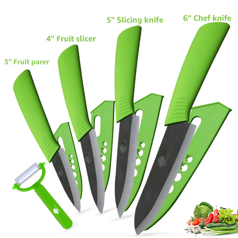 Green Knives set Керамический нож, набор кухонных ножей 3, 4, 5, 6 дюймов+ Овощечистка, циркониевый черный нож, фруктовый нож повара, нож Vege, инструмент для приготовления пищи - Цвет: Green Knives set