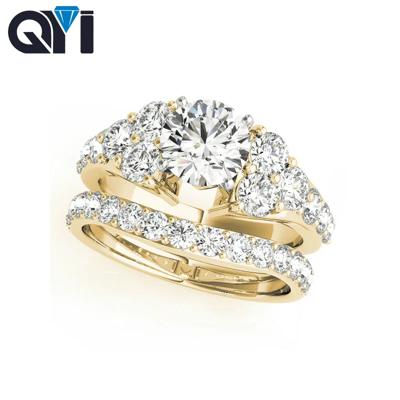 14K Solid Yellow Gold Engagement Ring Sets 1 Carat Round Moissanite Diamond Bridal Jewelry Women Wedding Ring