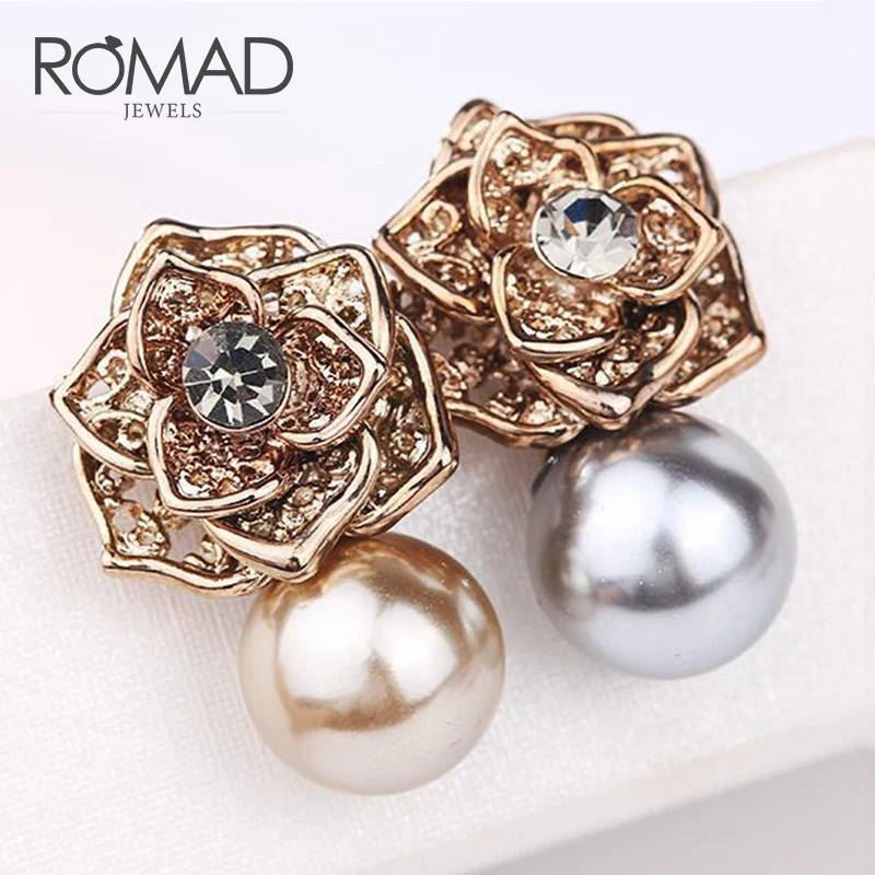 Женские серьги гвоздики с искусственным жемчугом ROMAD винтажные полыми розами