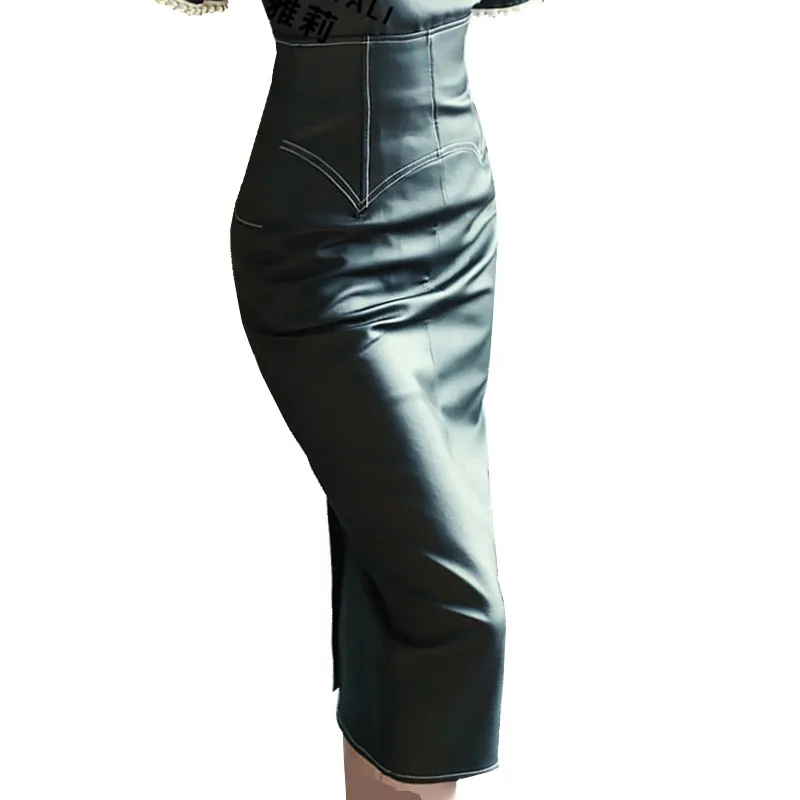 2018 элегантные женские длинные юбки карандаш из искусственной кожи высокого