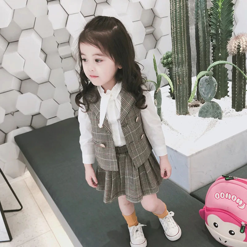 

Baby Girl Sets Fashion Plaid Vests+shirt+tutu Skirts 3pcs Suit Children Clothing Preppy Style Cute Casual Sets for Girl 2-7 Year