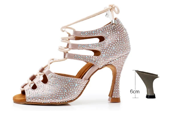 skin heel 6cm DILEECHI/Женская обувь для латинских танцев; Атласная блестящая обувь для танцев; большие и маленькие стразы; Каблук-клеш 9 см; узкая стопа; регулировка ширины - Цвет: skin heel 6cm