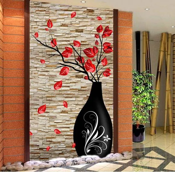 

Custom 3D Red Leaf FLOWER Landscape Mural Wallpaper Waterproof Wall Sticker Print Paintings Entrance Murals Strip Vase