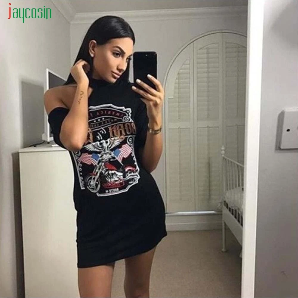 Женское мини платье в стиле рок Jaycosin черное с круглым вырезом коротким рукавом и