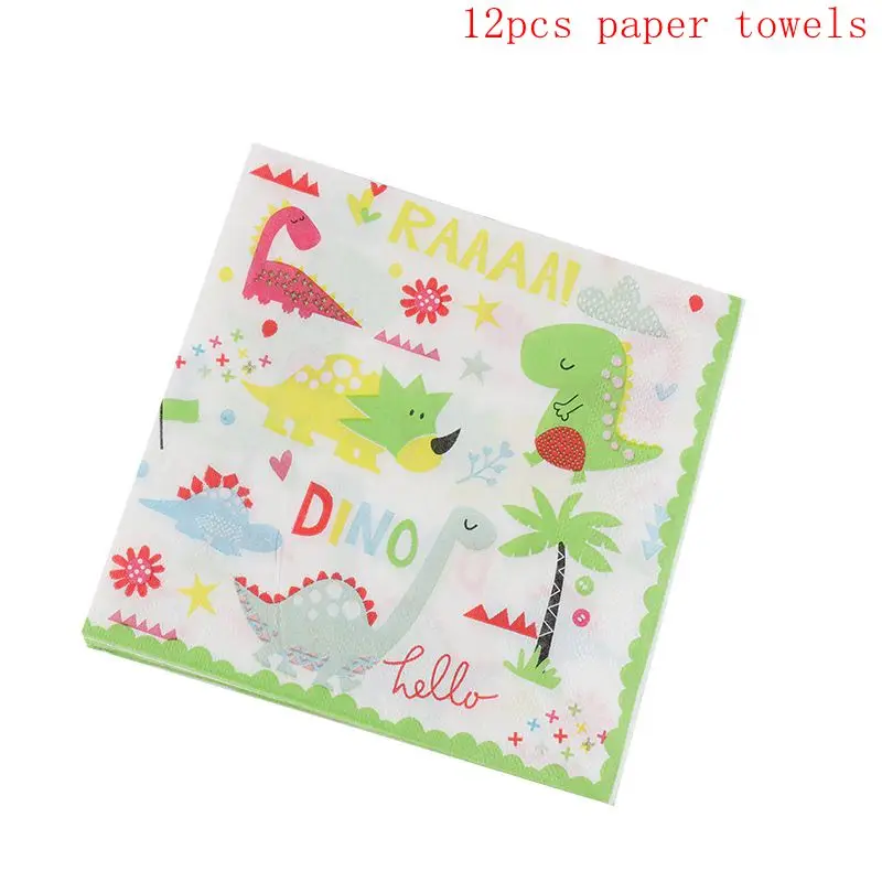 12pcs paper towels Вечерние столовые приборы с рисунком динозавра, одноразовые бумажные тарелки, чашки, скатерть, Топпер для торта, с днем рождения, товары для мальчиков - Цвет: 12pcs paper towels