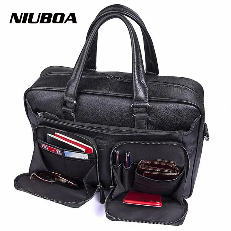 NIUBOA мужской повседневный портфель из 100% натуральной кожи черный деловой на плечо