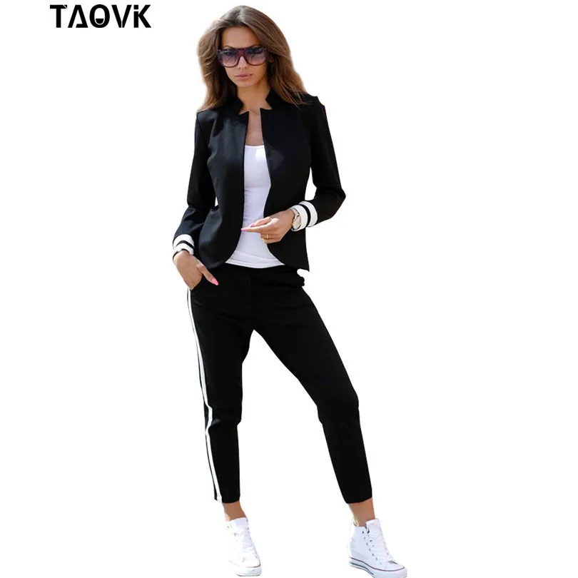 TAOVK Женский комплект из 2 предметов костюмы с длинным рукавом стоячий воротник без пуговиц черный и белый спортивный костюм
