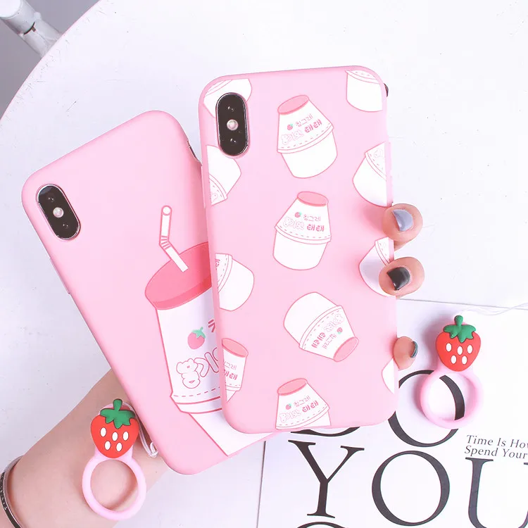 SAM S10 plus Pink girl Case cute Strawberry cover For Samsung S9 S8 / Note 8 /9 cartoon silicone soft Back Cover+Ring |