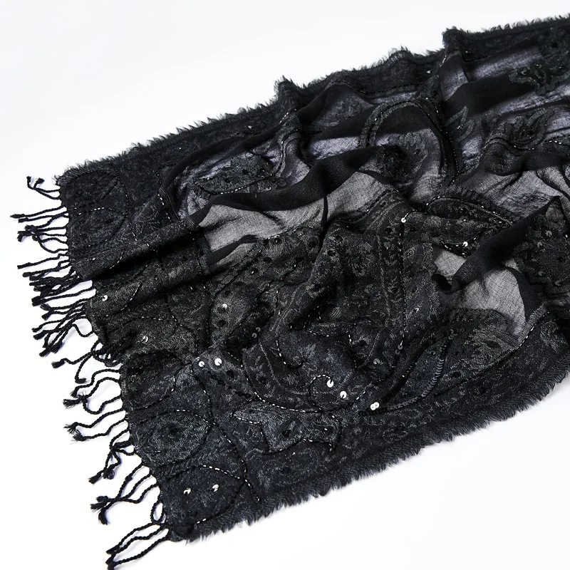 Черный Женский Глушитель Mantilla изысканный ручной работы буфанда шали зимние теплые блестки шарфы с кисточками шаль Мягкая накидка с цветочным узором