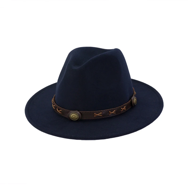 Шерстяная фетровая шляпа Панама Trilby Jazz Fedoras Шляпы с коричневым поясом с плоскими полями для торжественных вечеринок топ шляпа для женщин мужчин унисекс GH-450 - Цвет: navy blue