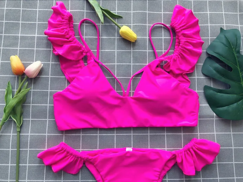2018 New Sexy Women Swimsuit Push Up Swimwear Bandage Halter Brazilian Bikini Set Ruffle Top Bottom Solid Bathing Suit Beachwear |