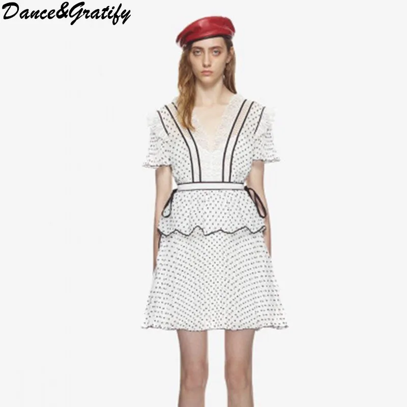 Автопортрет 2018 летние кружевные шифоновые мини платья в черный горошек с