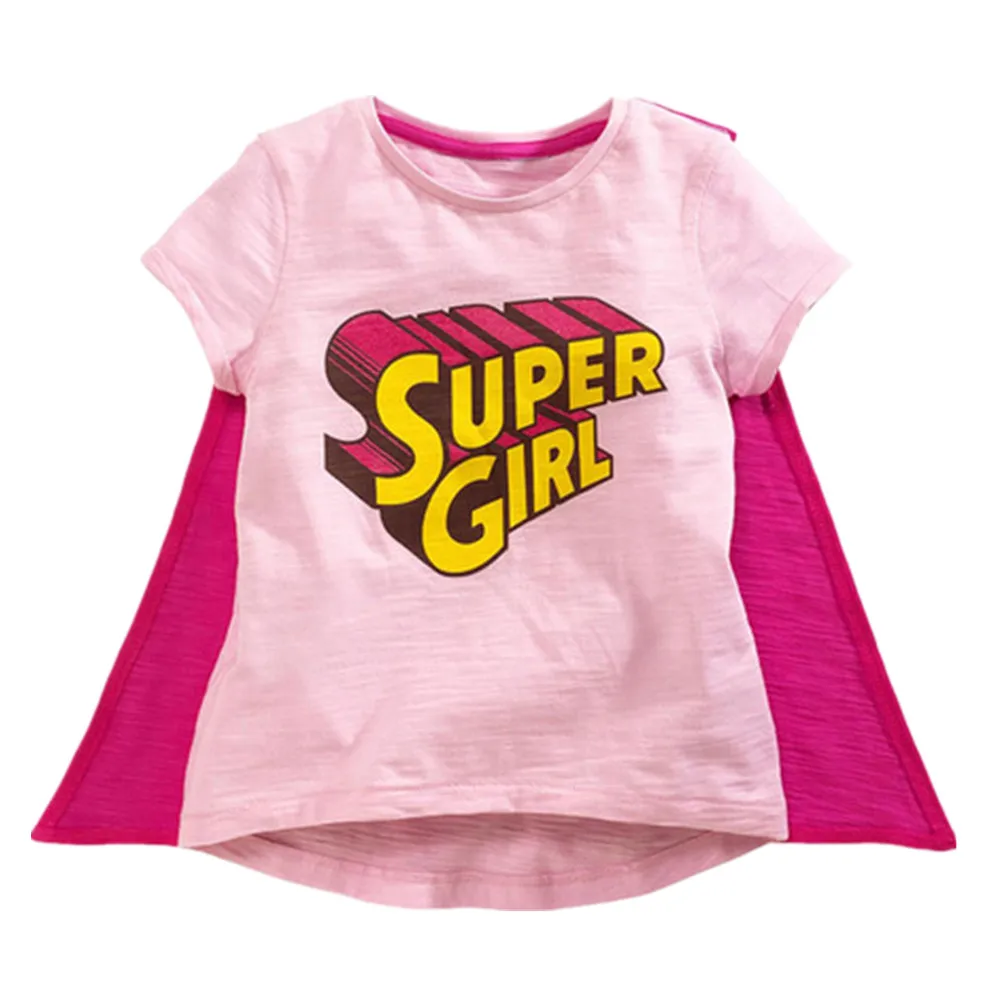 

Latest New Summer Baby Girls Clothes Short Sleeve O-neck t shirt pure Cotton super girls man tee tops With cape Cool Unique Tops