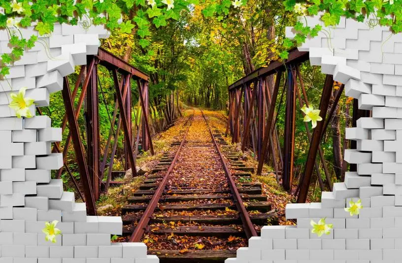 3D фотообои на заказ туннель с подвесным мостом цветами лозой для гостиной