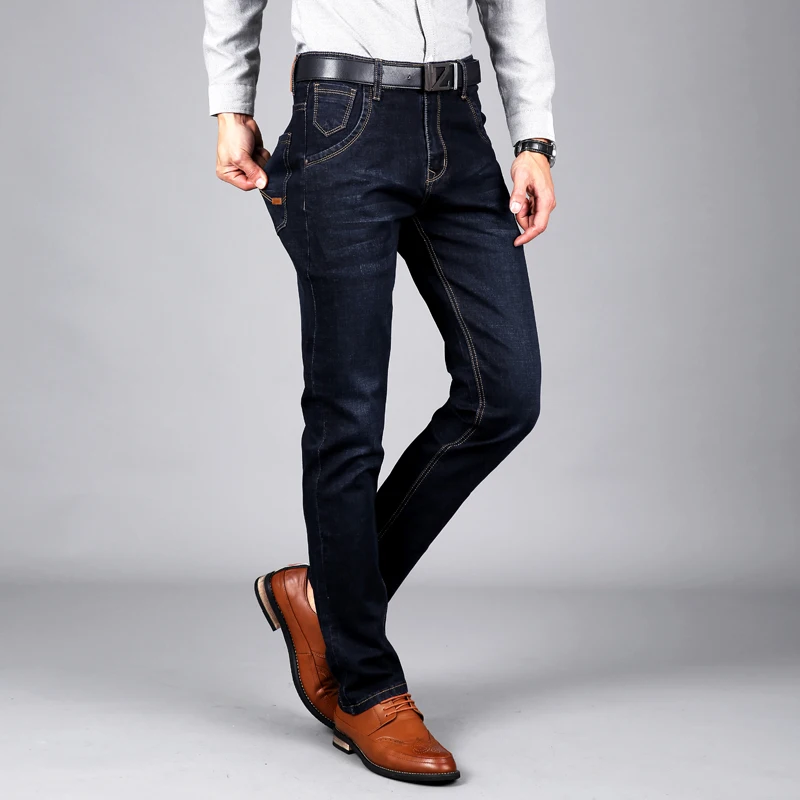 

Мужские джинсы, Стрейчевые прямые длинные узкие брюки, модные повседневные Черные, синие джинсовые мужские деловые джинсы