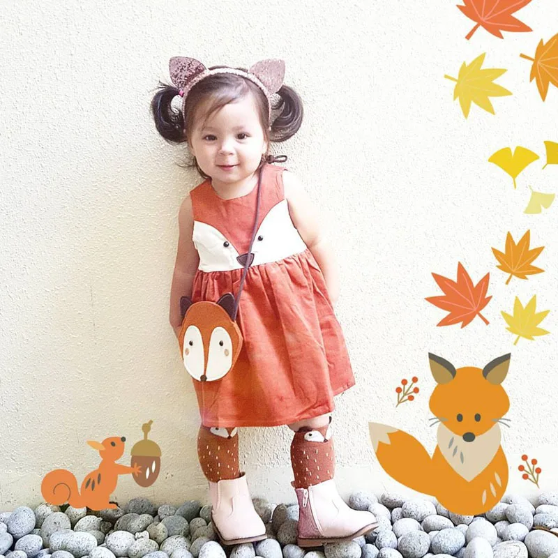 Платье для девочек новинка 2017 милое платье с лисой маленьких вырезом на спине