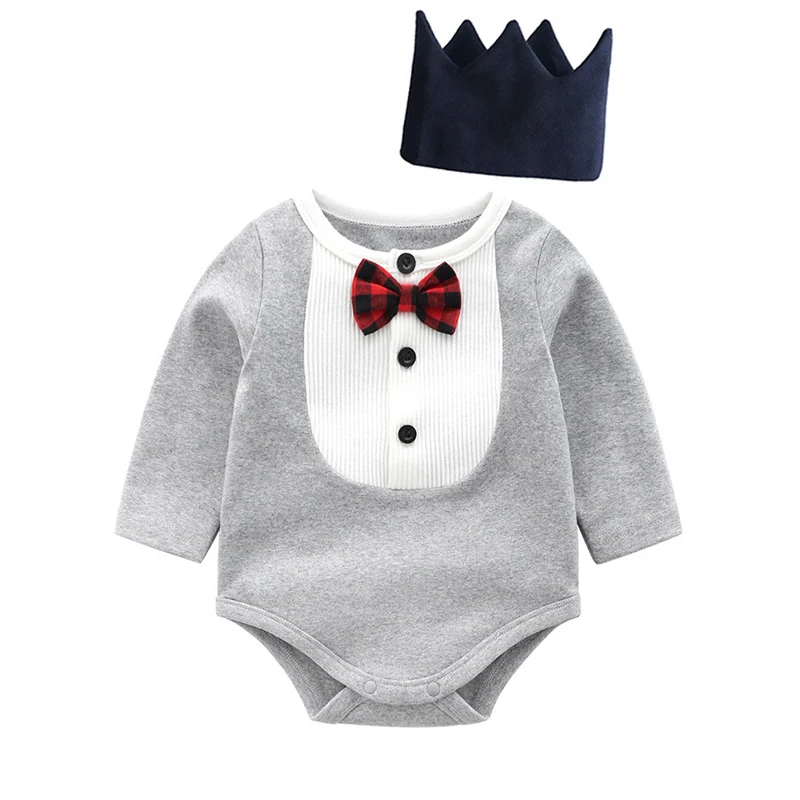 gray Bebe/Костюм Джентльмена для мальчиков+ корона, весенний Детский костюм с длинными рукавами и бантом, Детские боди, одежда для маленьких девочек, костюмчик для младенца - Цвет: gray