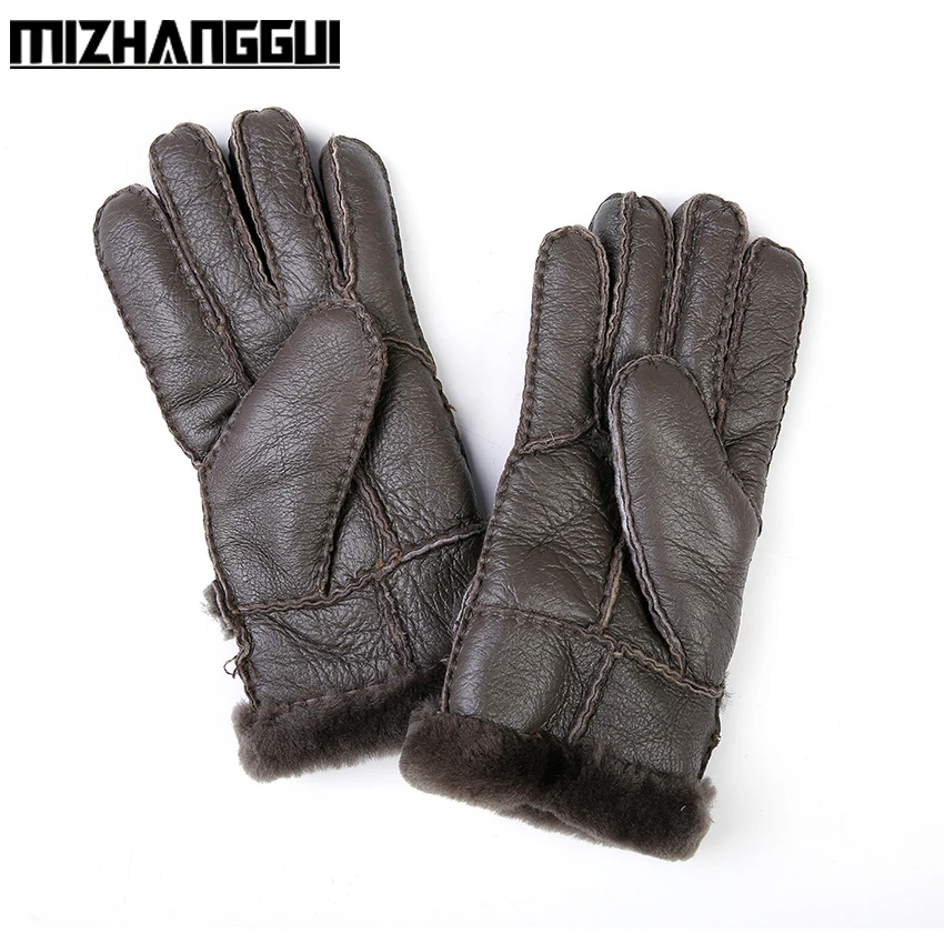 sheepskin men's winter gloves genuine leather warm double-faced sheep fur high quality | Аксессуары для одежды
