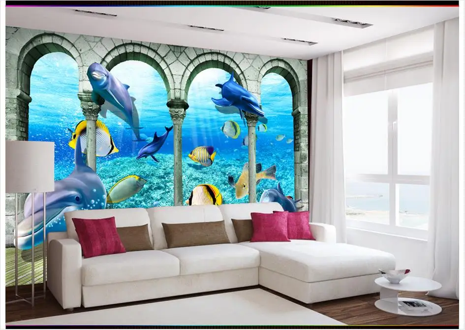 

3D wall murals wallpaper custom picture mural wall 3D Seaside World Dolphin Roman Pole TV Wall room decor beauty 3d wallpaper