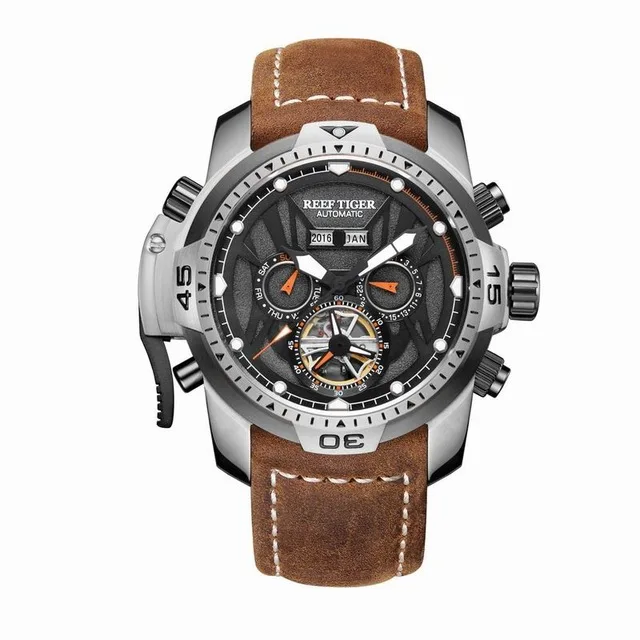 Риф Тигр Аврора Serier RGA3532 мужские спортивные с год месяц Дата День календарь циферблат автоматические механические наручные часы с кожей - Цвет: p8