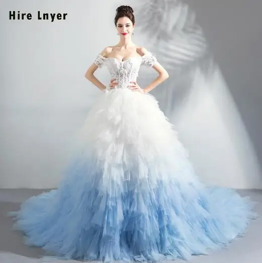 picture color Robe De Mariee Princesse De Роскошная с открытыми плечами, с короткими рукавами, бело-синяя юбка, бальное платье принцессы, свадебные платья - Цвет: picture color