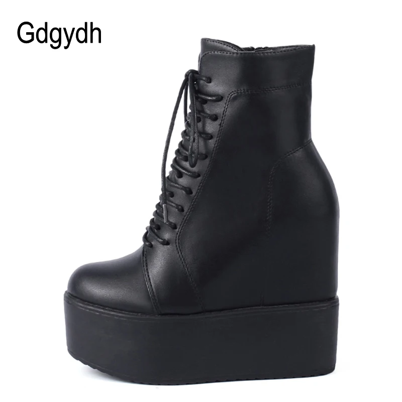 Gdgydh/; ботильоны на танкетке; цвет белый, черный; обувь на резиновой подошве; ботинки на платформе; Женская Осенняя обувь на платформе и каблуке 13 см со шнуровкой