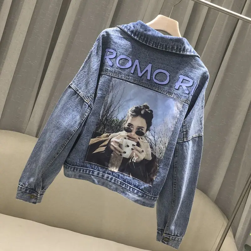 Женская джинсовая куртка с буквенным принтом однобортная короткая ковбойская