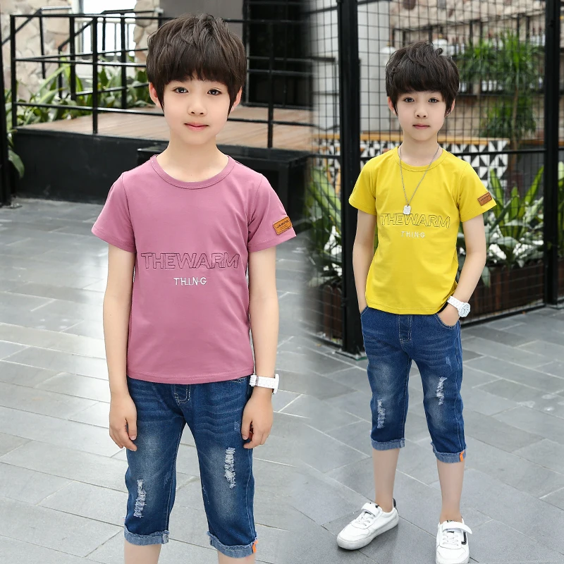 FYH Summer Kids Clothing Boys Short Sleeve T-shirt+Denim Pants Children Cotton T-shirt+Pants 2pcs School Clothes Suit 5-14Y |