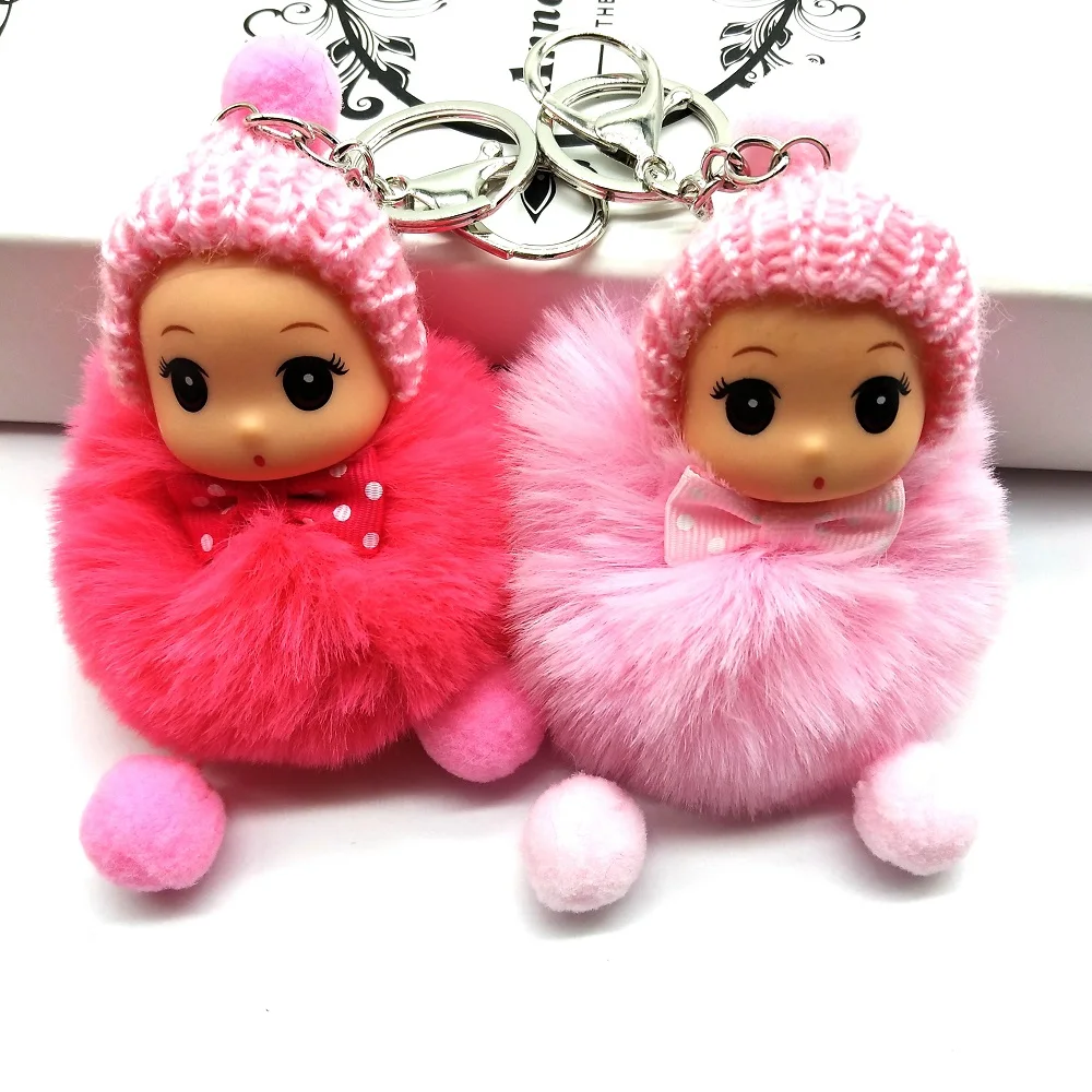 Брелок для ключей шарик из искусственного кроличьего меха с бантом и большими