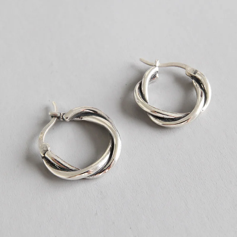 Silver F.I.N.S 925 Серебряная витая веревка, круглые серебряные маленькие серьги-кольца для женщин, винтажные корейские модные женские серьги - Окраска металла: Silver