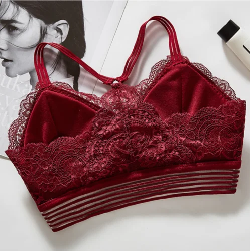 

4Colors Women's Lace Bra Racer Back Y-line Strappy Bandeau Bra Straps Padded Wire free Sexy Bralette Cropped Top