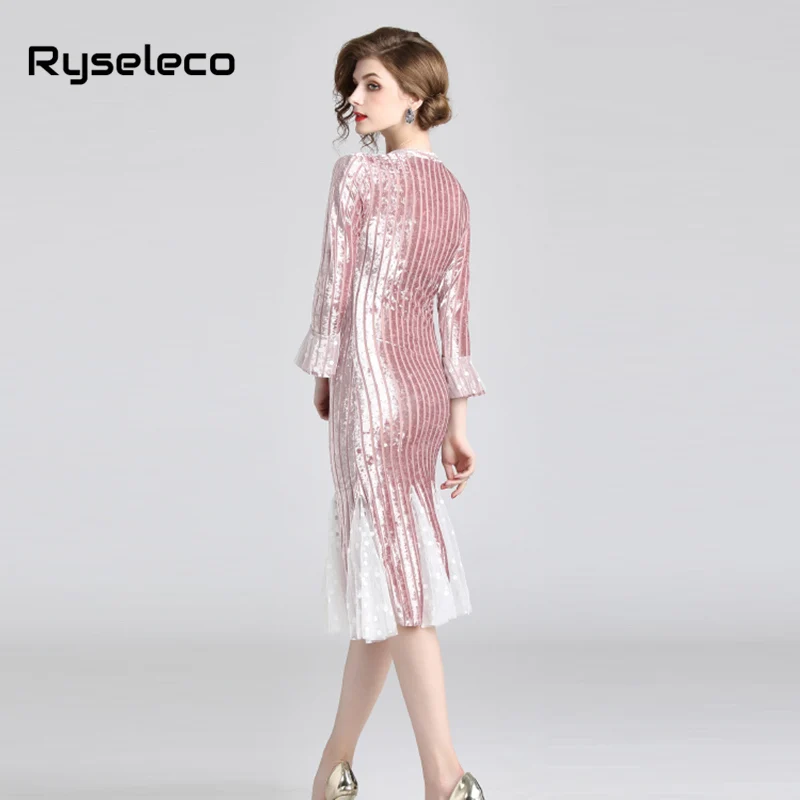 Женские новые элегантные платья с узкими рукавами в стиле факела из бархата с точечными вставками из сетки, оборками и рукавами-трубами рыбьего хвоста для повседневной носки и вечерних мероприятий.