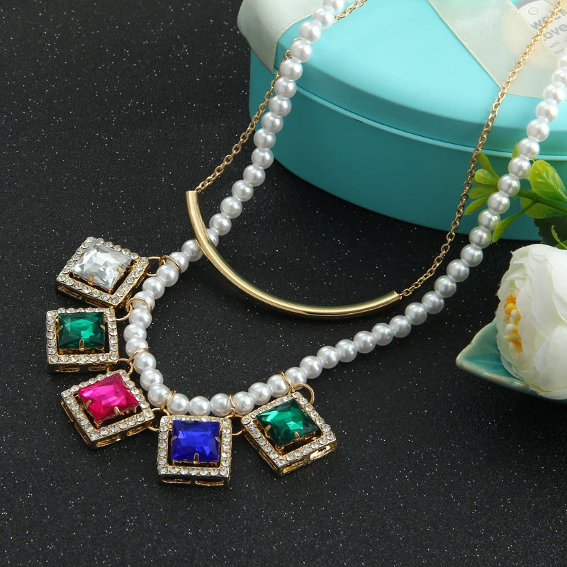 Wholesale Jewelry Imitation Pearl Chain Square Colorful Crystal Pendant Gold Color Clavicle Choker Statement Necklace For Women | Украшения