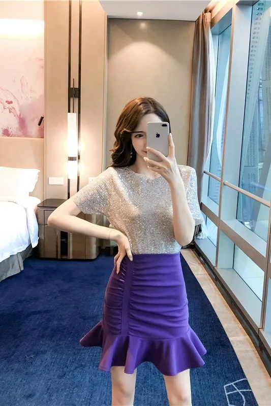 Women Sequin Tshirt and Ruffles Bodycon Wrap Skrit Women Two Piece Set Modis Streetwear Internet Celebrity Style 2 Piece Set