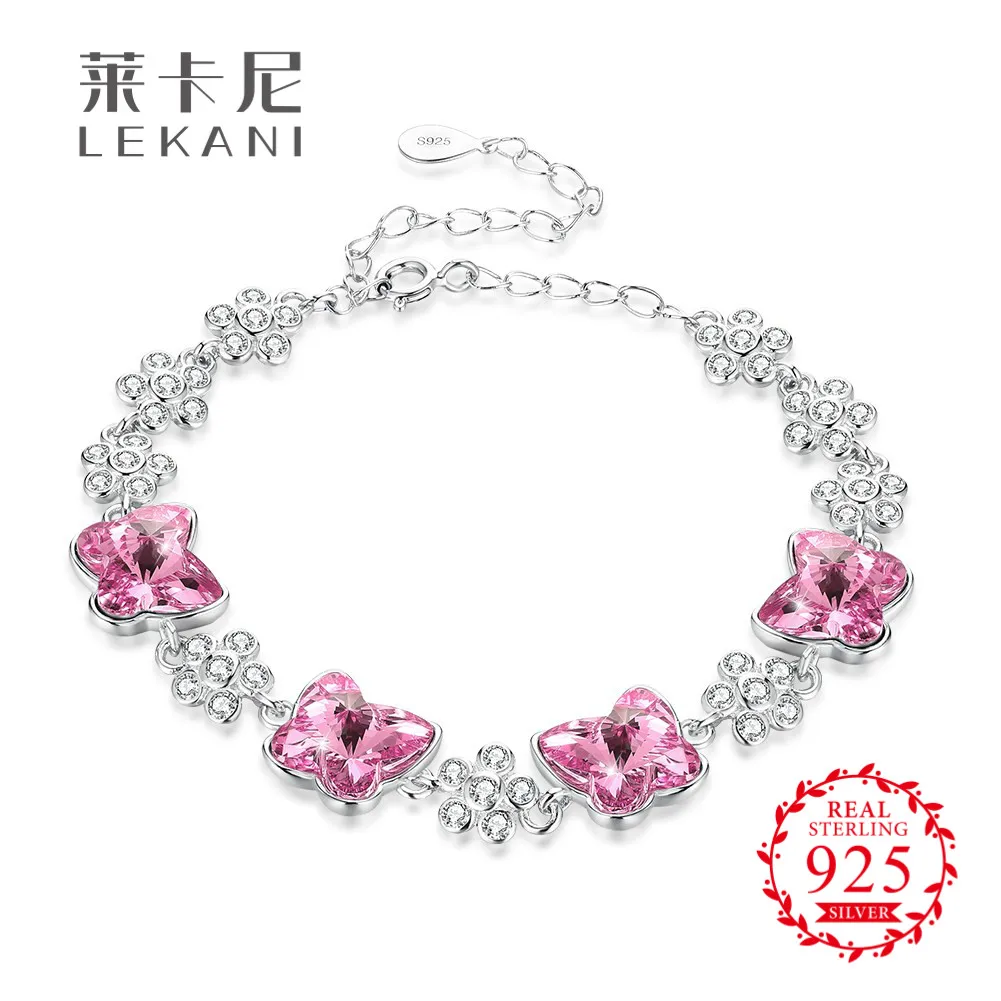 LEKANI кристаллами от Swarovski бабочка цветок циркон браслет для женщин S925 серебро два