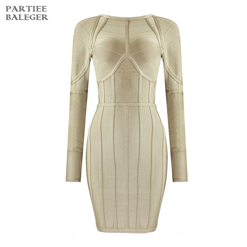 2019 New Arrival Elegant Sexy Fashion Ginger Long Sleeves O Neck Above Knee Back Zipper Celebrity Evening Party Bandage Dress | Женская