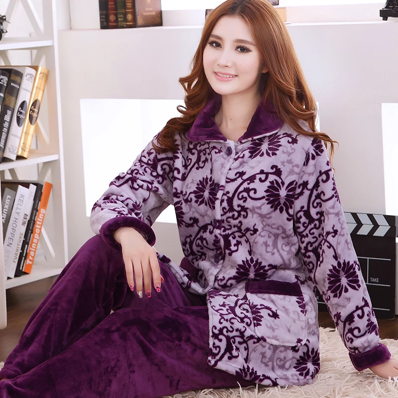pajamas female winte Теплые пижамы для женщин, зимние фланелевые женские пижамы, комплекты, мягкие пижамы, женские зимние пижамы с рисунком, Женская домашняя одежда с длинным рукавом и принтом - Цвет: pajamas female winte