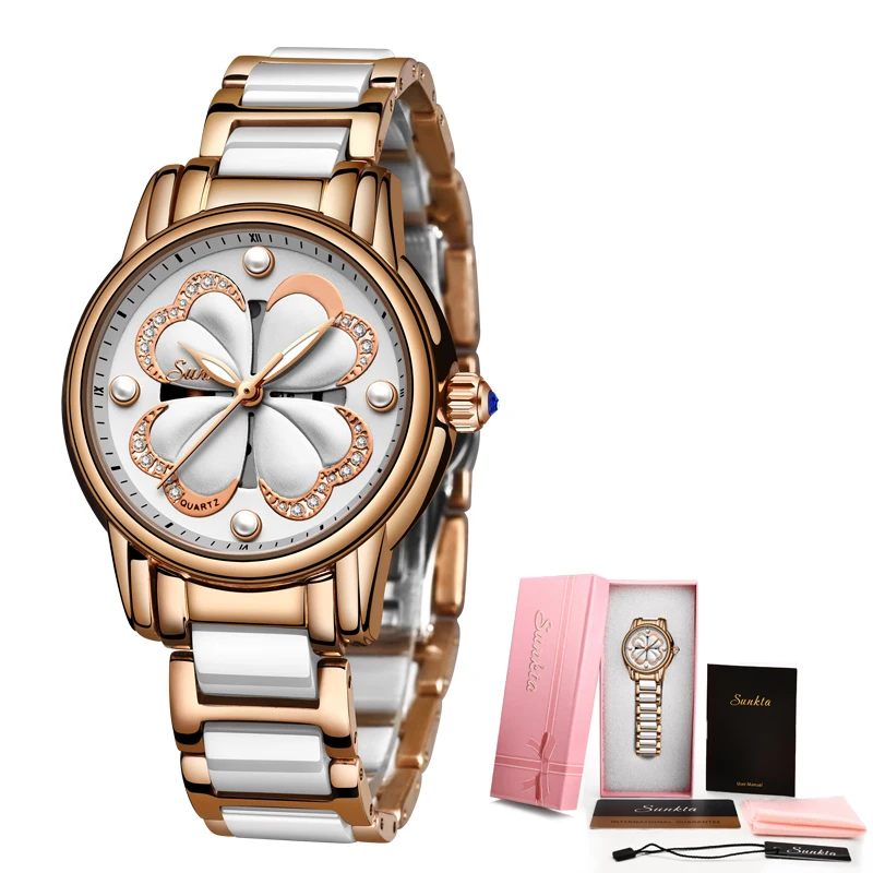 

SUNKTA Women Luxury Watch Female Rose Gold Elegant Diamond Ladies Quartz Wrist Watch Waterproof Ceramic Watch Reloj Mujer Gift