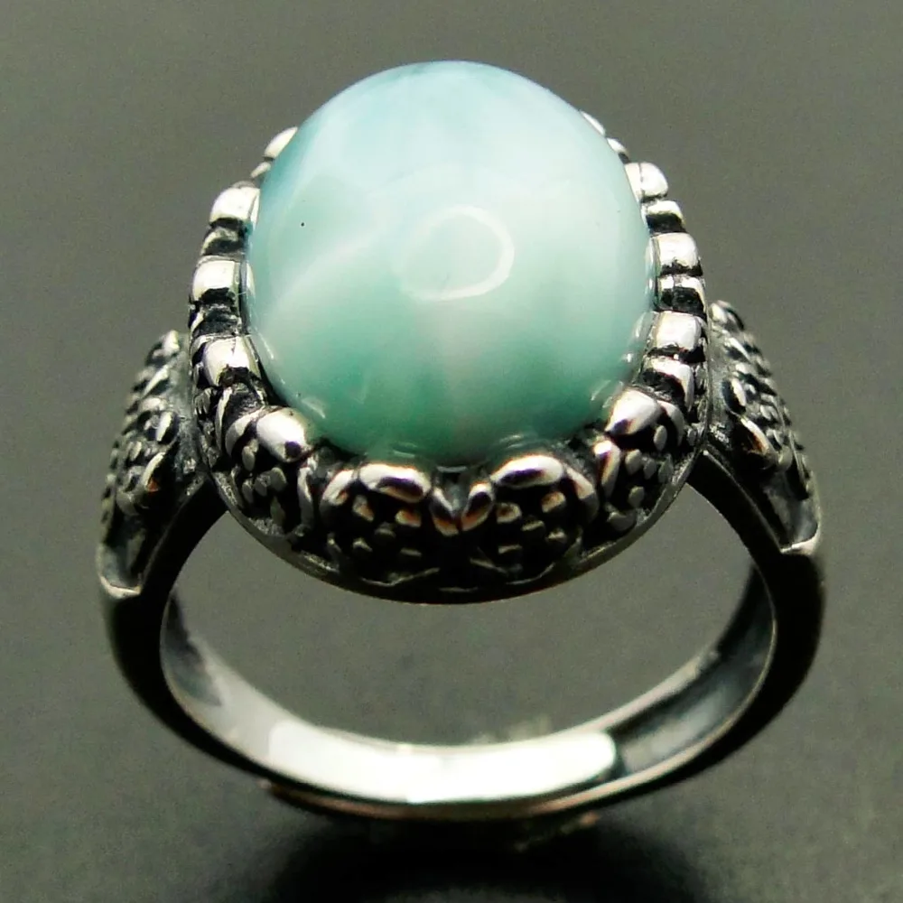 

10*14MM Big Stone Ocean Natural Larimar Ring 925 Sterling Silver Vintage Woman Crystal Rings for Engagement/Party/Wedding