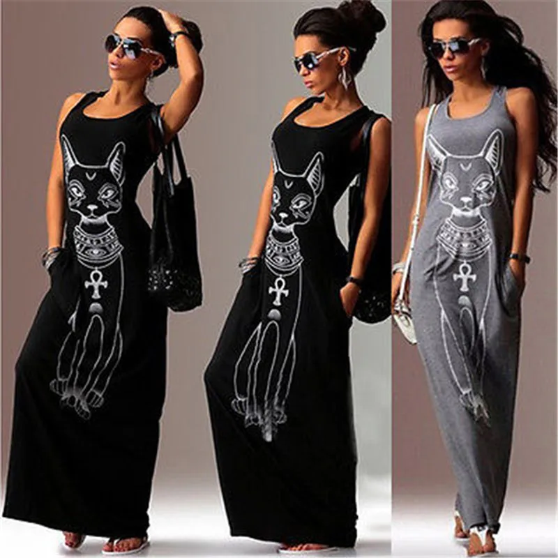 Women Summer Long Dress 2016 Sexy Casual Cat Print Boho Maxi Beach Evening Party Vest Sundress | Женская одежда