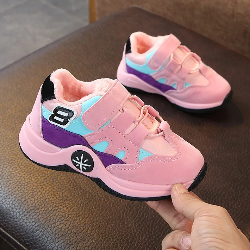 Winter Boys Warm Thick Black Running Shoes Kids Fashion Sport Sneakers Baby Girls Pink Leather Casual | Детская одежда и обувь