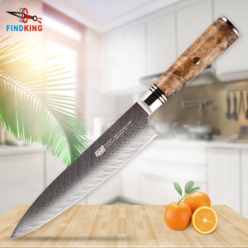 FINDKING New AUS-10 damascus steel Sapele wood handle arrow pattern damascus knife 8 inch chef knife 67 layers  kitchen knives