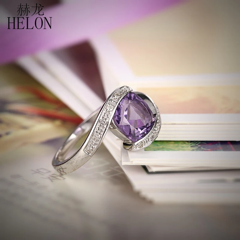 HELON 2.5ct кольцо с натуральным аметистом Твердое 14 к белое золото бриллианты Помолвочное, обручальное кольцо драгоценный камень Браслет вечерние ювелирные изделия для женщин
