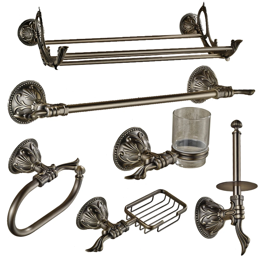 

Antique Bronze Carved Bathroom Accessories Round Base Brass Bathroom Hardware sets Wall Mounted Bathroom Accessories Products