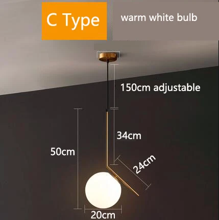 C type Подвесной светильник в скандинавском стеклянном шаре, современный светодиодный светильник в виде шара для гостиной/спальни, домашний подвесной светильник - Цвет корпуса: C type