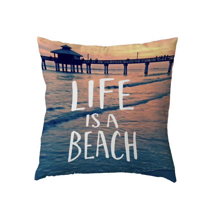 Белый Чехол на подушку с принтом в морском стиле Life is a beach кокосовое дерево закат