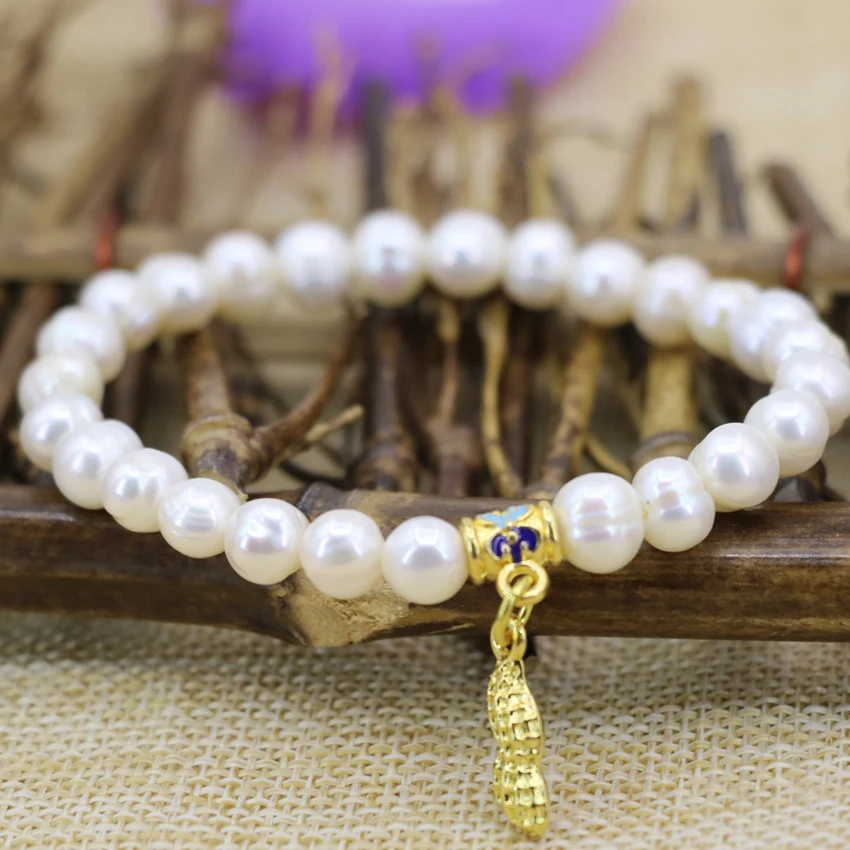 7-8 мм натуральный белый жемчуг круглые бусины браслеты Элегантный золотой цвет