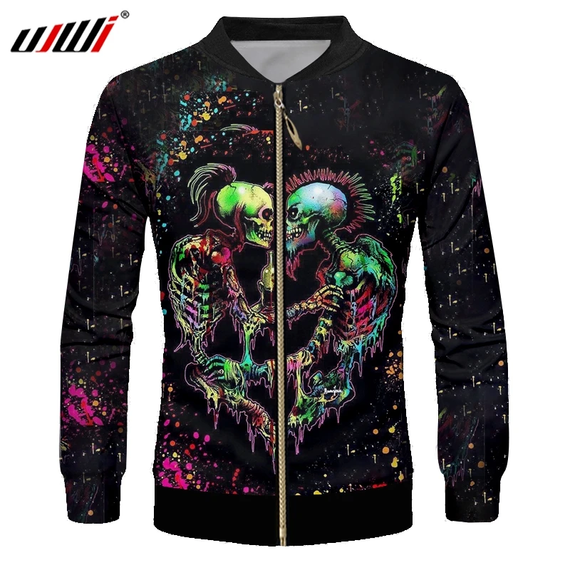 Мужская куртка на молнии UJWI черная Повседневная с вышитым черепом и 3d принтом